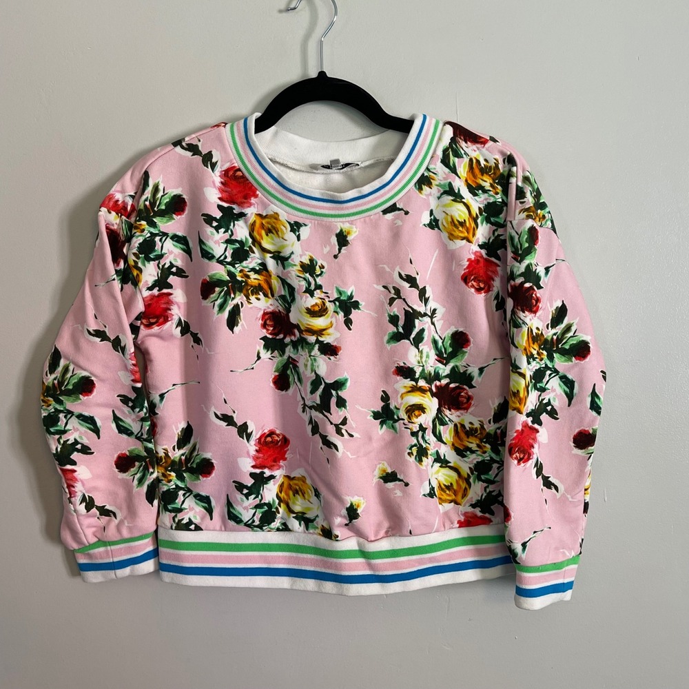 Milly Floral Rose Print Sweatshirt Pink Striped Trim Crewneck Made in USA Small